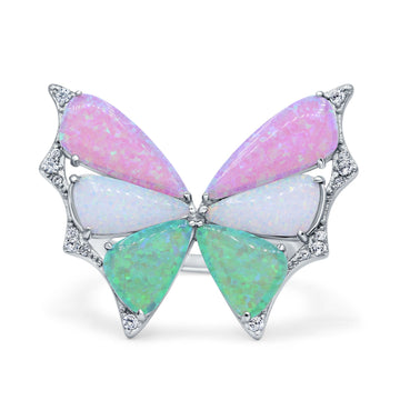 Butterfly Petite Dainty Thumb Ring Lab Created Pink, Green, White Opal Statement Fashion Ring 925 Sterling Silver